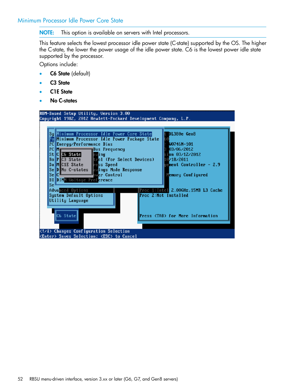 Minimum processor idle power core state | HP ROM-Based Setup Utility User Manual | Page 52 / 221