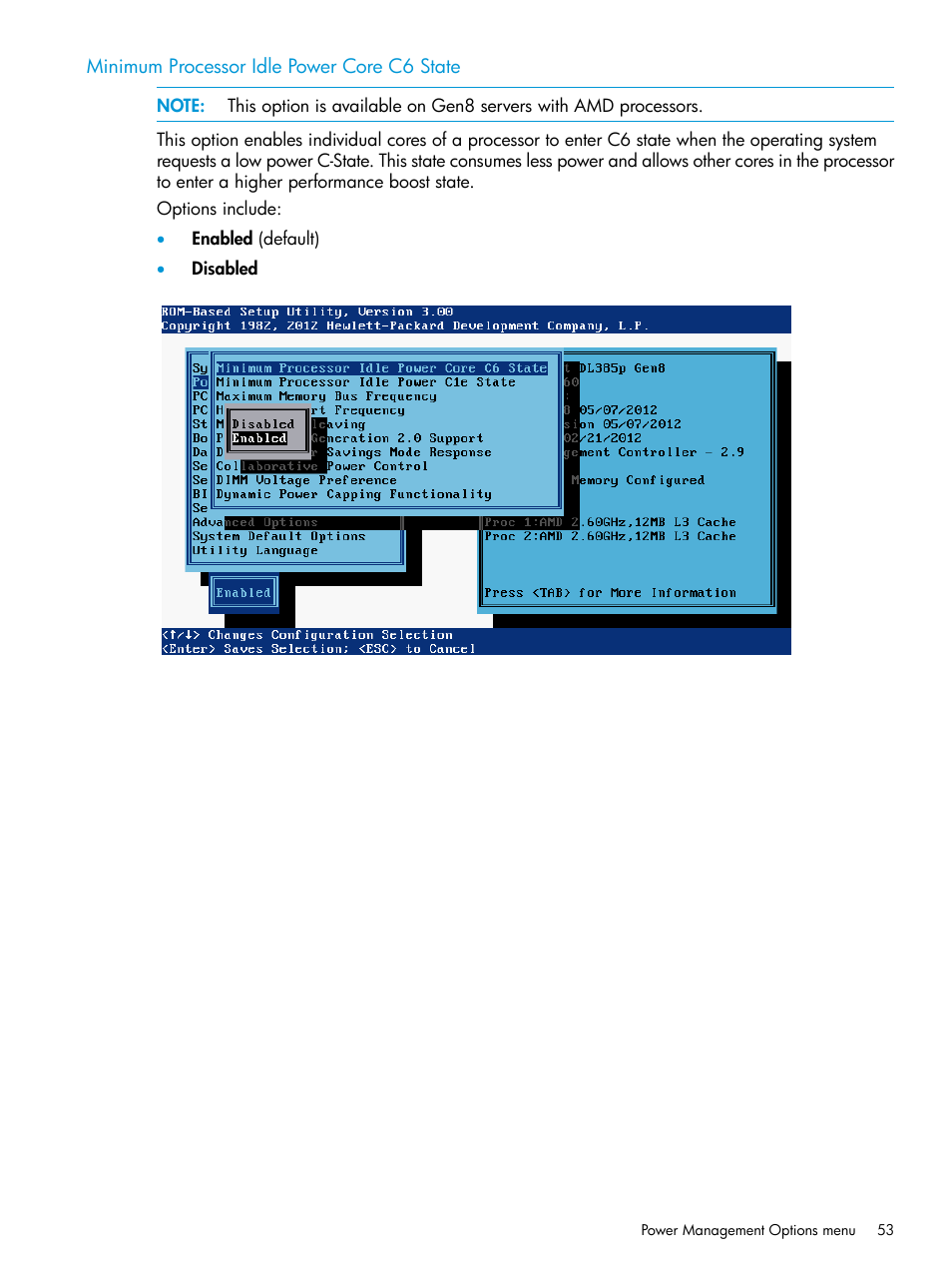 Minimum processor idle power core c6 state | HP ROM-Based Setup Utility User Manual | Page 53 / 221