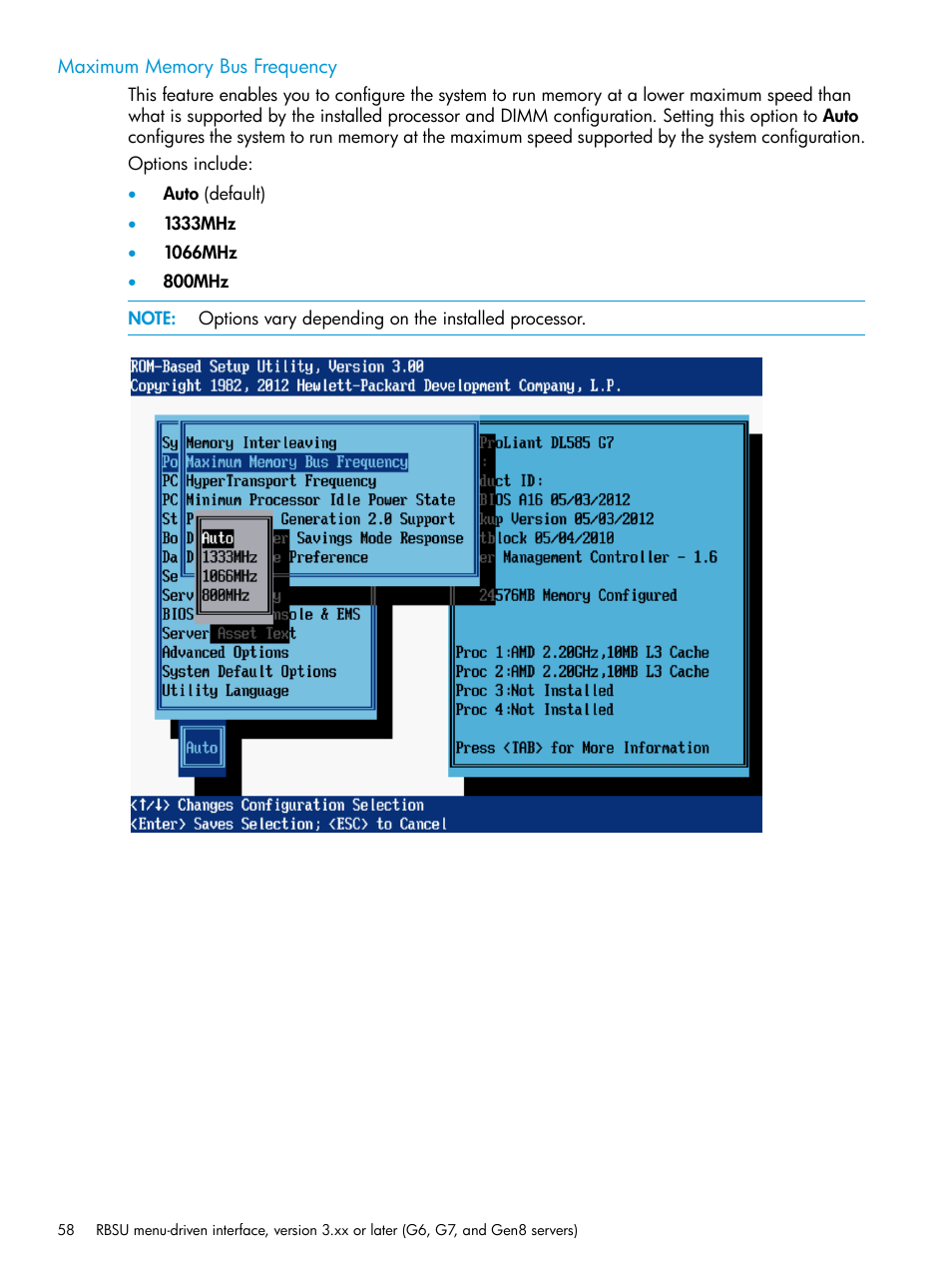 Maximum memory bus frequency | HP ROM-Based Setup Utility User Manual | Page 58 / 221
