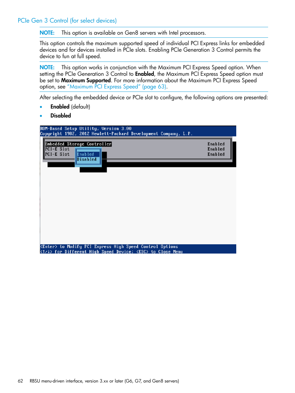 Pcie gen 3 control (for select devices) | HP ROM-Based Setup Utility User Manual | Page 62 / 221