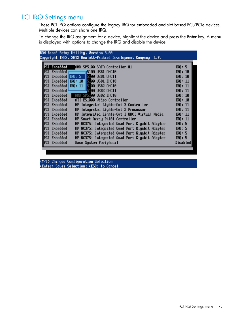 Pci irq settings menu | HP ROM-Based Setup Utility User Manual | Page 73 / 221