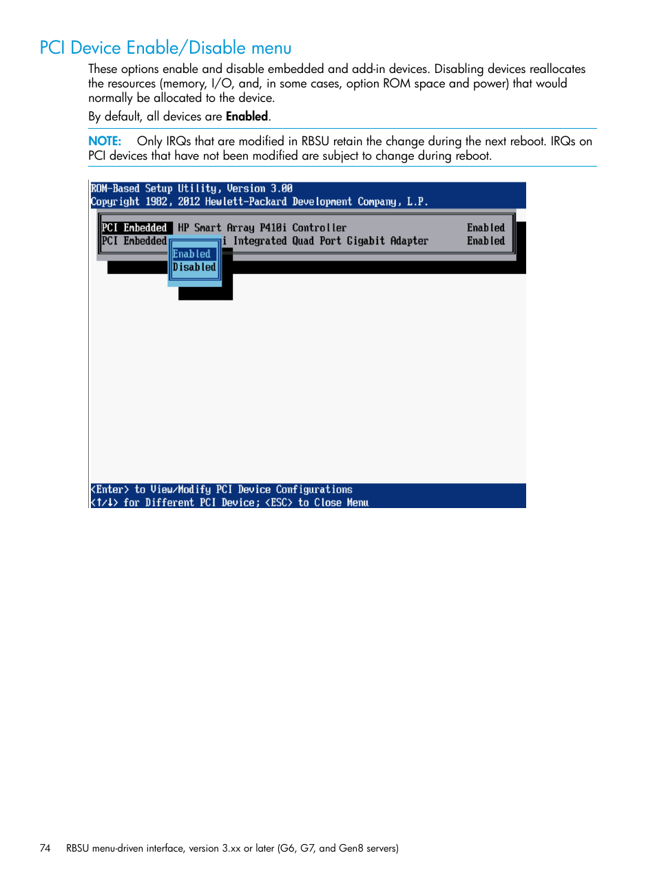 Pci device enable/disable menu | HP ROM-Based Setup Utility User Manual | Page 74 / 221