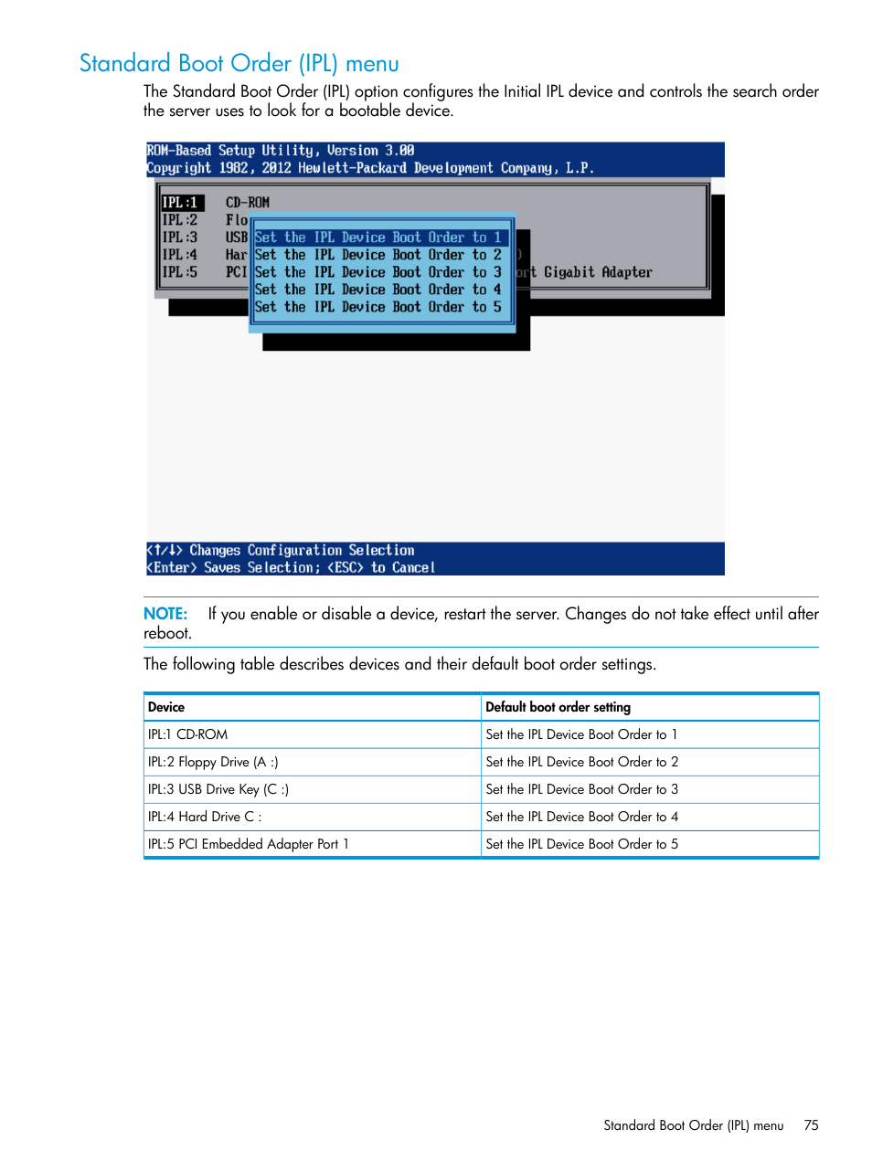 Standard boot order (ipl) menu | HP ROM-Based Setup Utility User Manual | Page 75 / 221