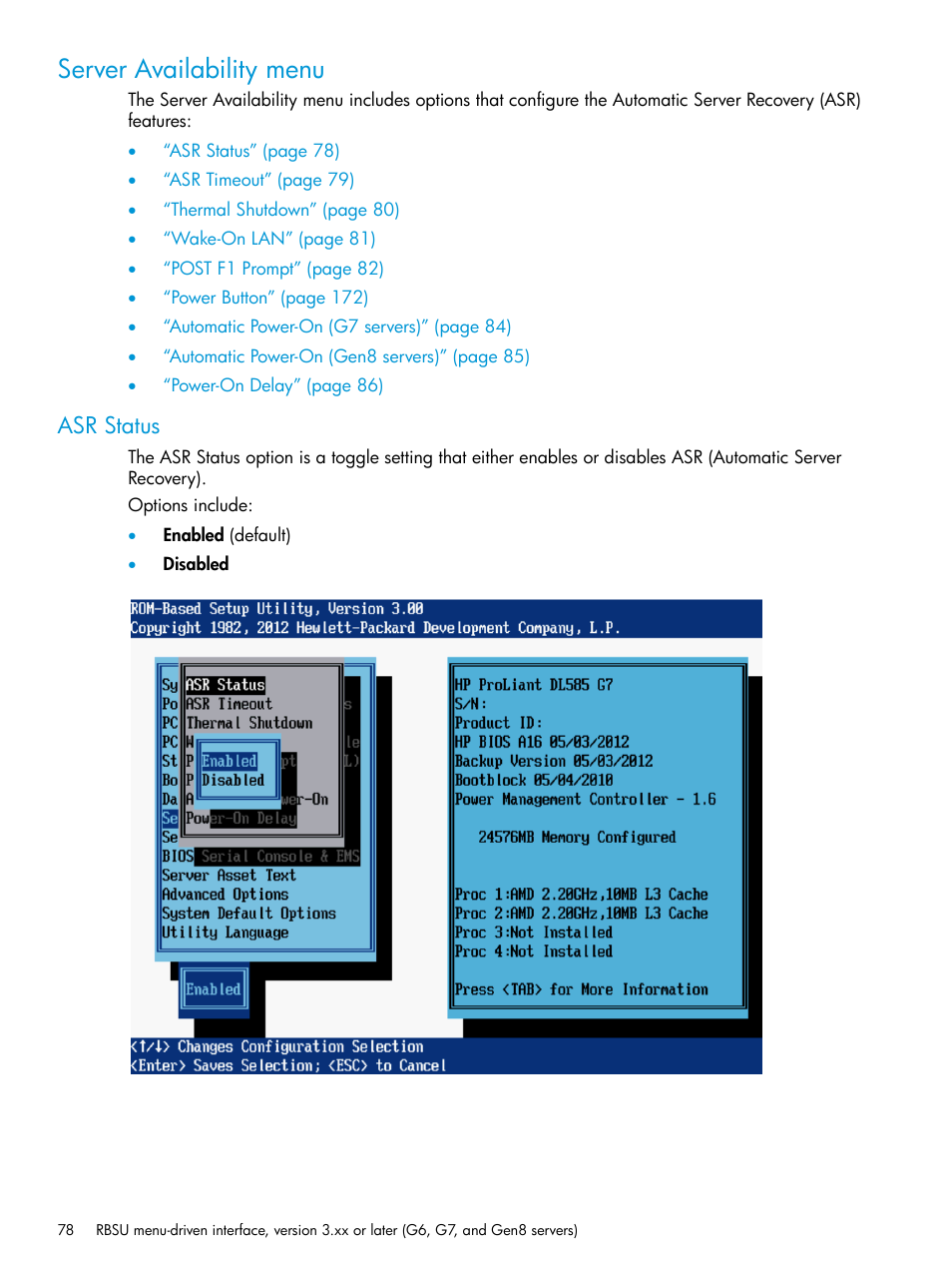 Server availability menu, Asr status | HP ROM-Based Setup Utility User Manual | Page 78 / 221