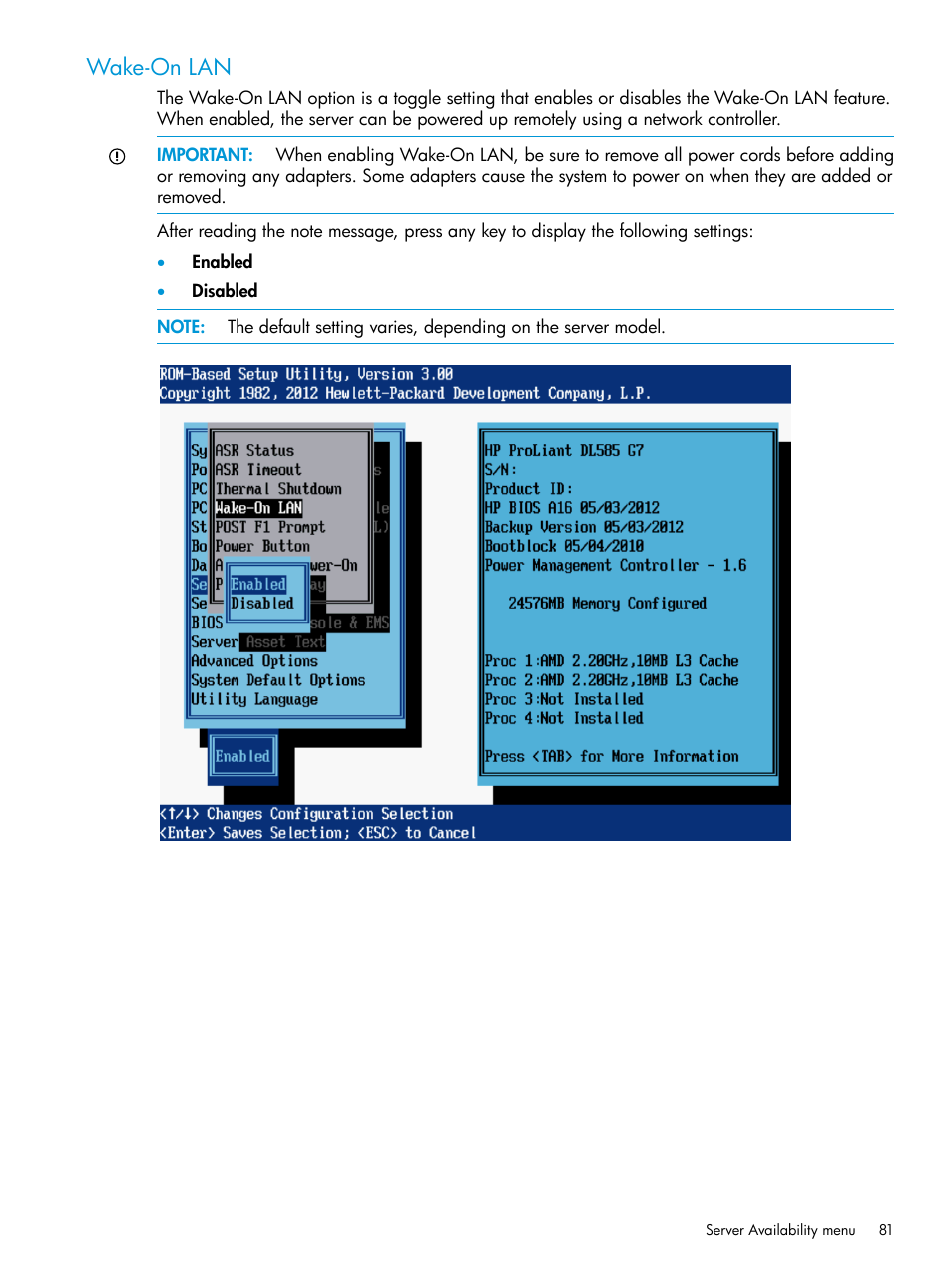 Wake-on lan | HP ROM-Based Setup Utility User Manual | Page 81 / 221