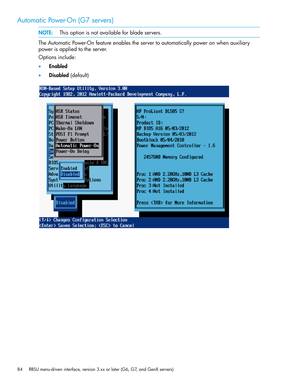 Automatic power-on (g7 servers) | HP ROM-Based Setup Utility User Manual | Page 84 / 221