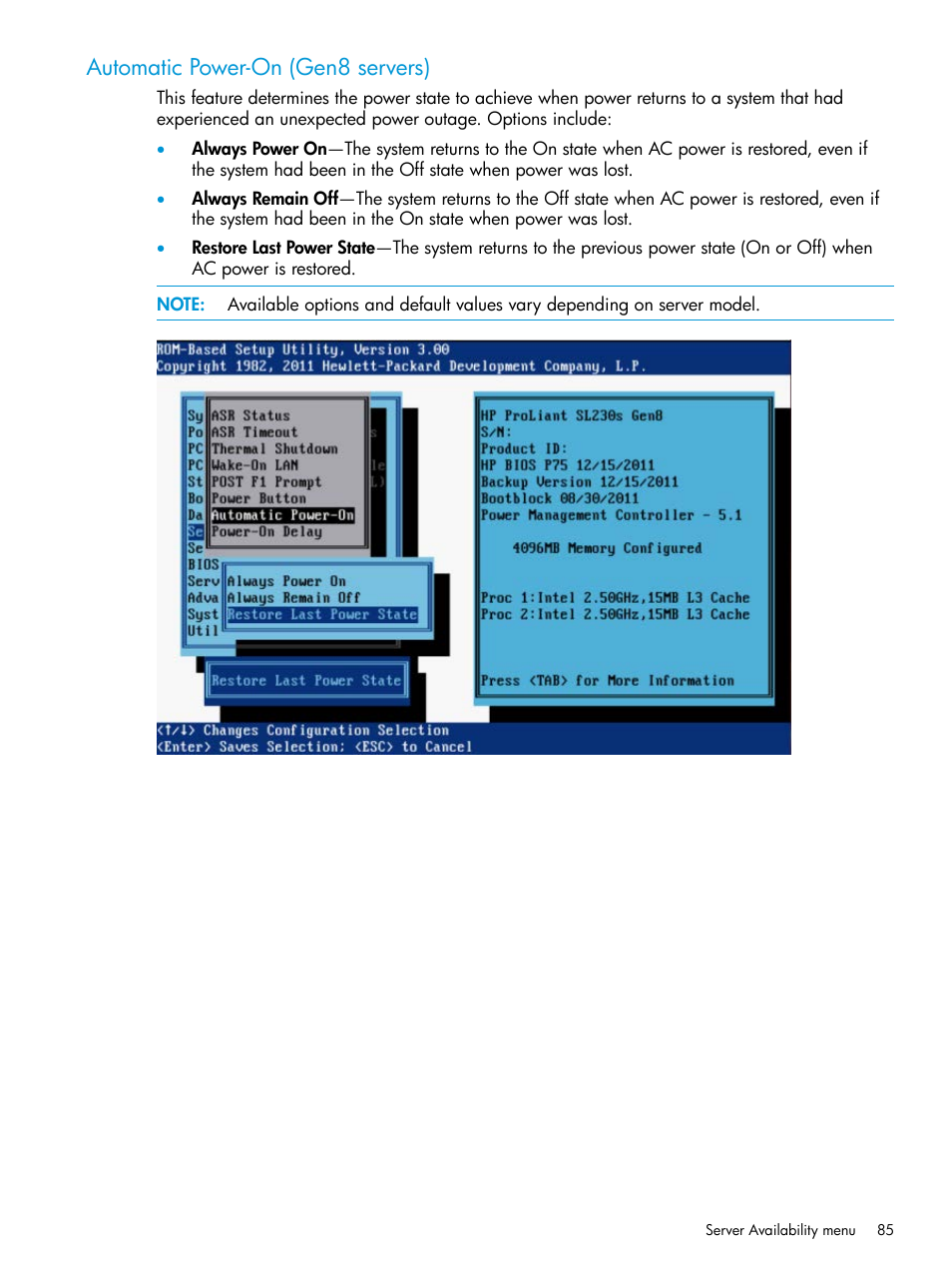 Automatic power-on (gen8 servers) | HP ROM-Based Setup Utility User Manual | Page 85 / 221