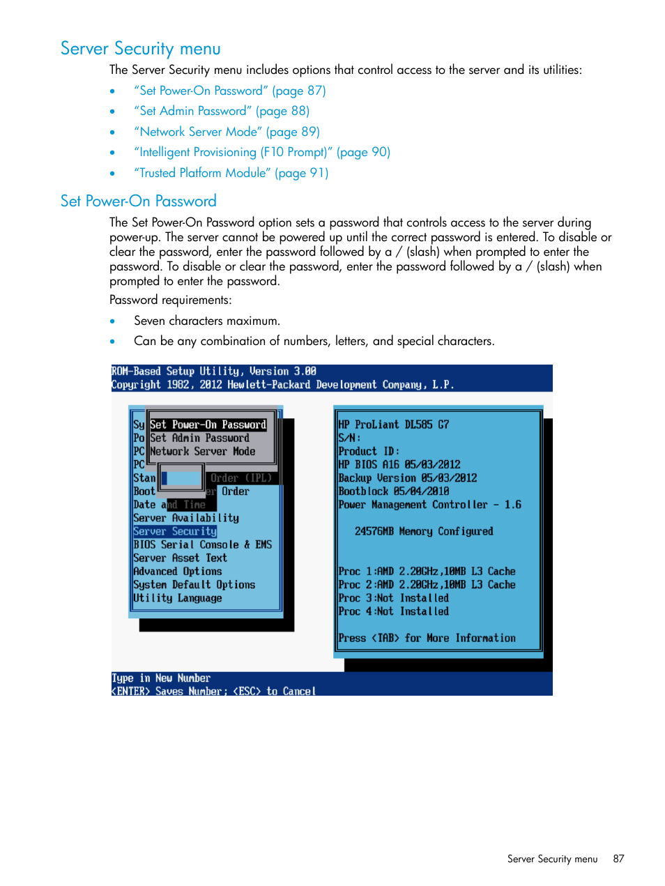 Server security menu, Set power-on password | HP ROM-Based Setup Utility User Manual | Page 87 / 221