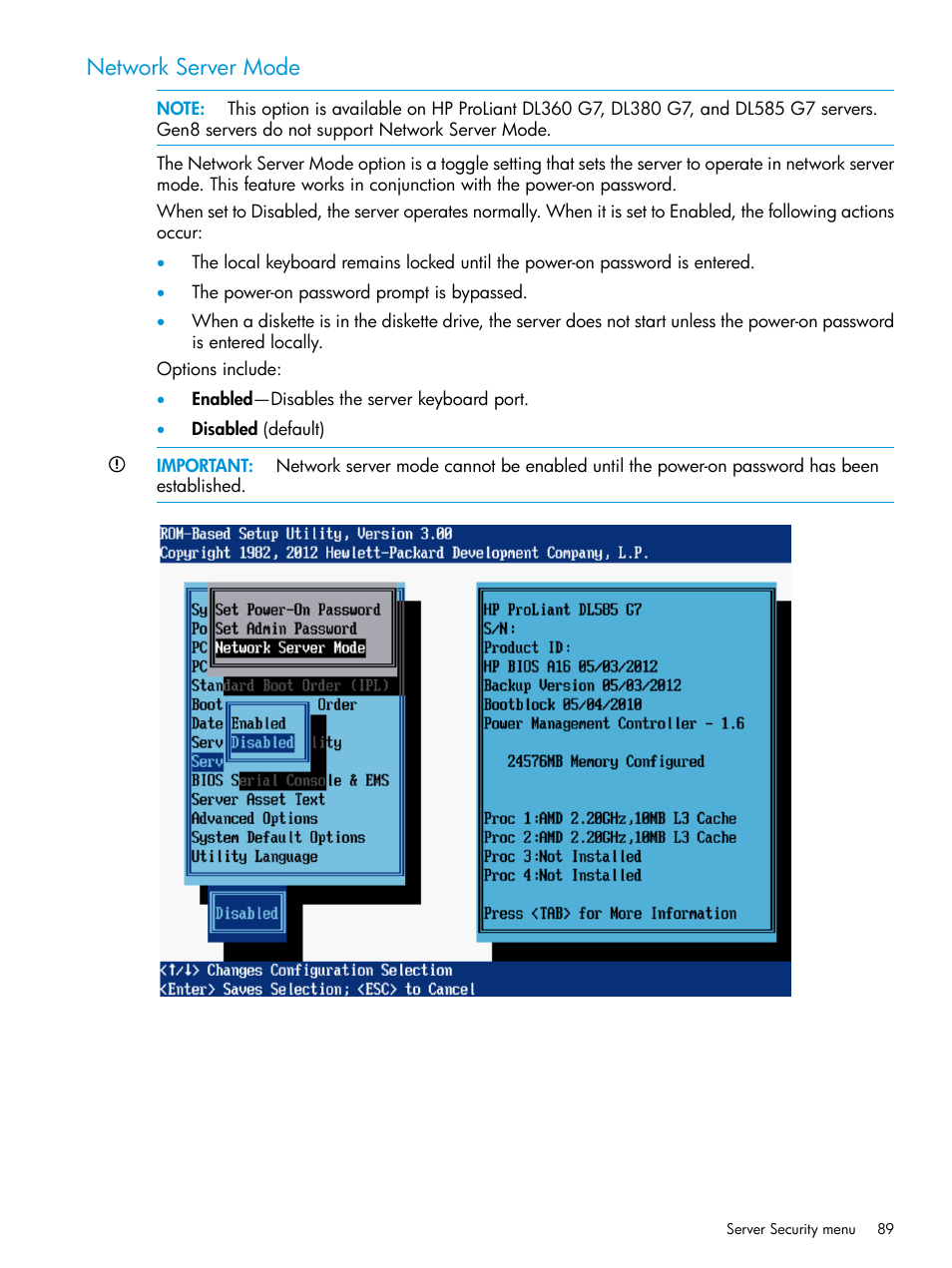 Network server mode | HP ROM-Based Setup Utility User Manual | Page 89 / 221