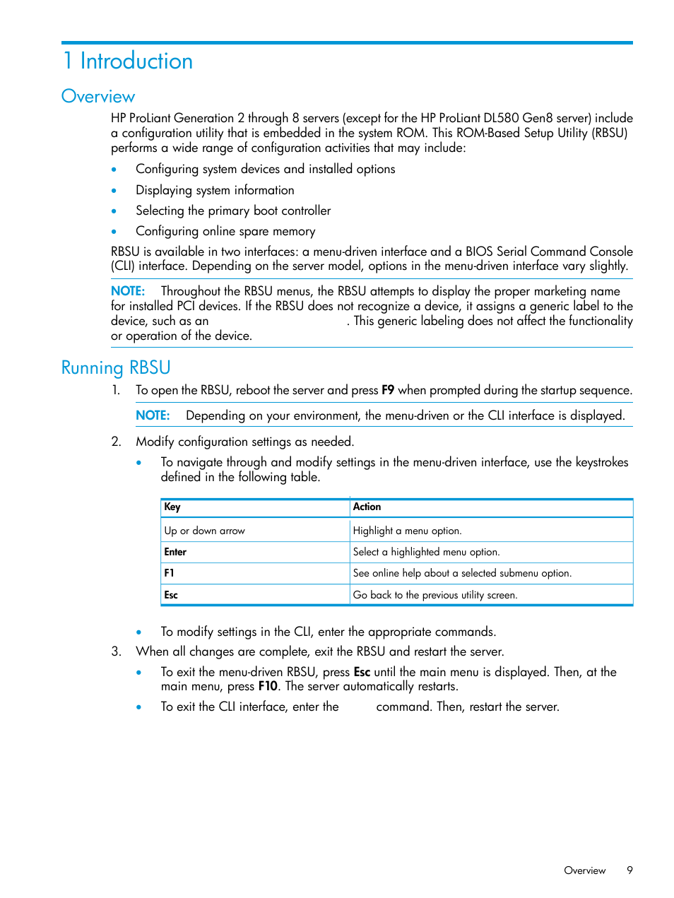 1 introduction, Overview, Running rbsu | Overview running rbsu | HP ROM-Based Setup Utility User Manual | Page 9 / 221