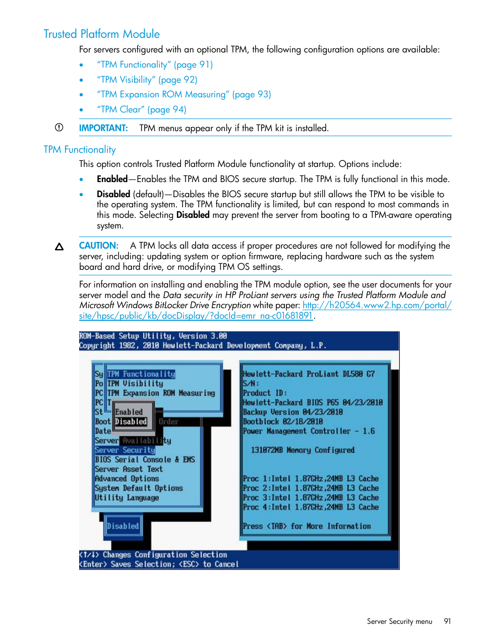 Trusted platform module, Tpm functionality | HP ROM-Based Setup Utility User Manual | Page 91 / 221