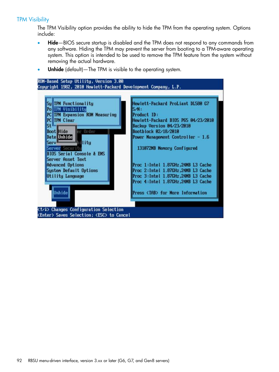 Tpm visibility | HP ROM-Based Setup Utility User Manual | Page 92 / 221