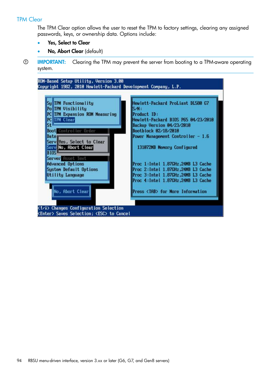Tpm clear | HP ROM-Based Setup Utility User Manual | Page 94 / 221