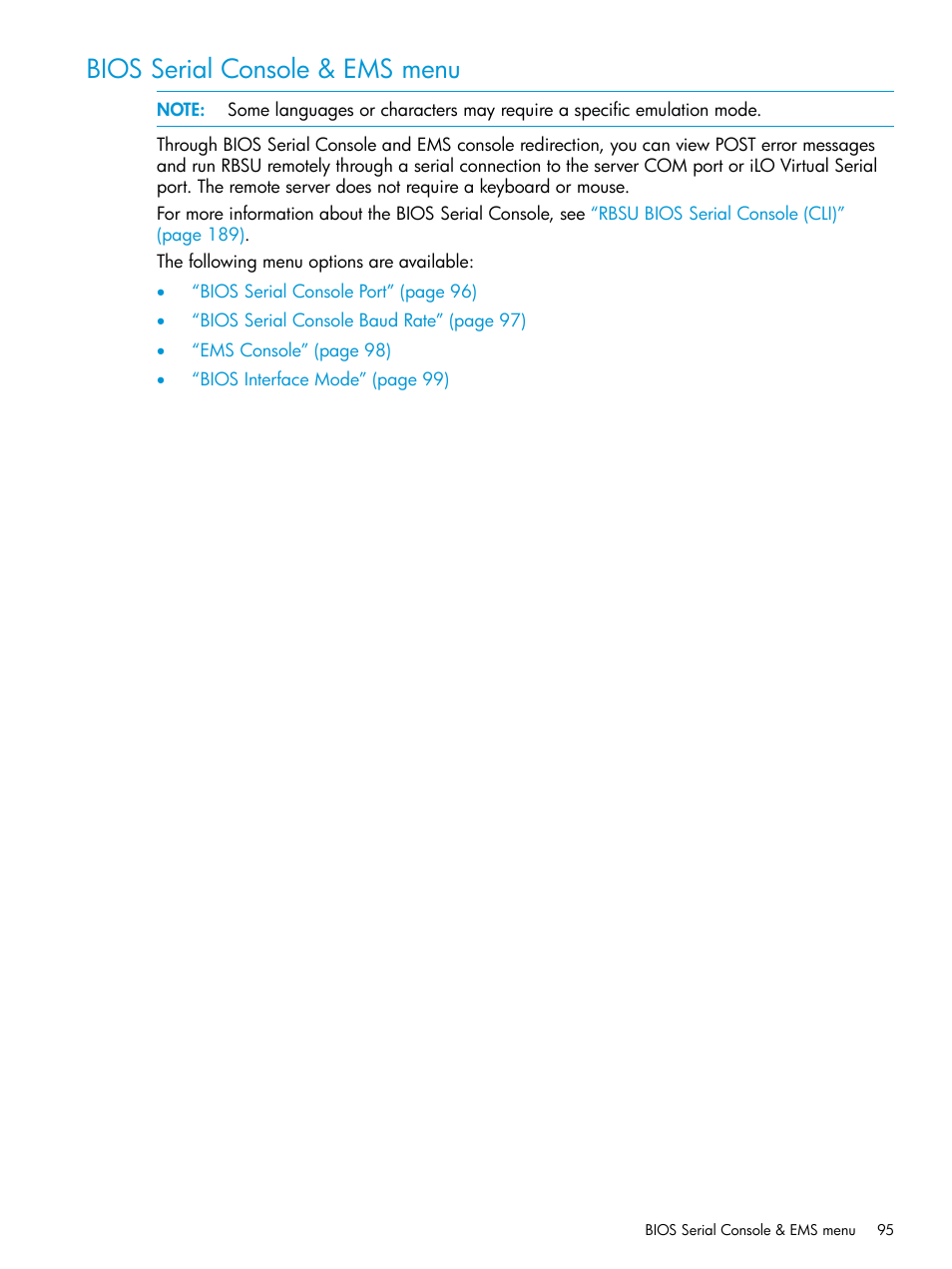 Bios serial console & ems menu | HP ROM-Based Setup Utility User Manual | Page 95 / 221