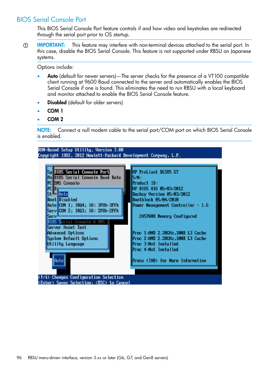 Bios serial console port | HP ROM-Based Setup Utility User Manual | Page 96 / 221