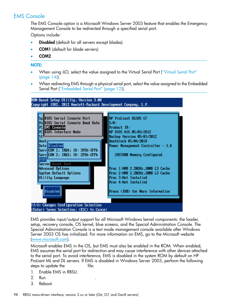 Ems console | HP ROM-Based Setup Utility User Manual | Page 98 / 221