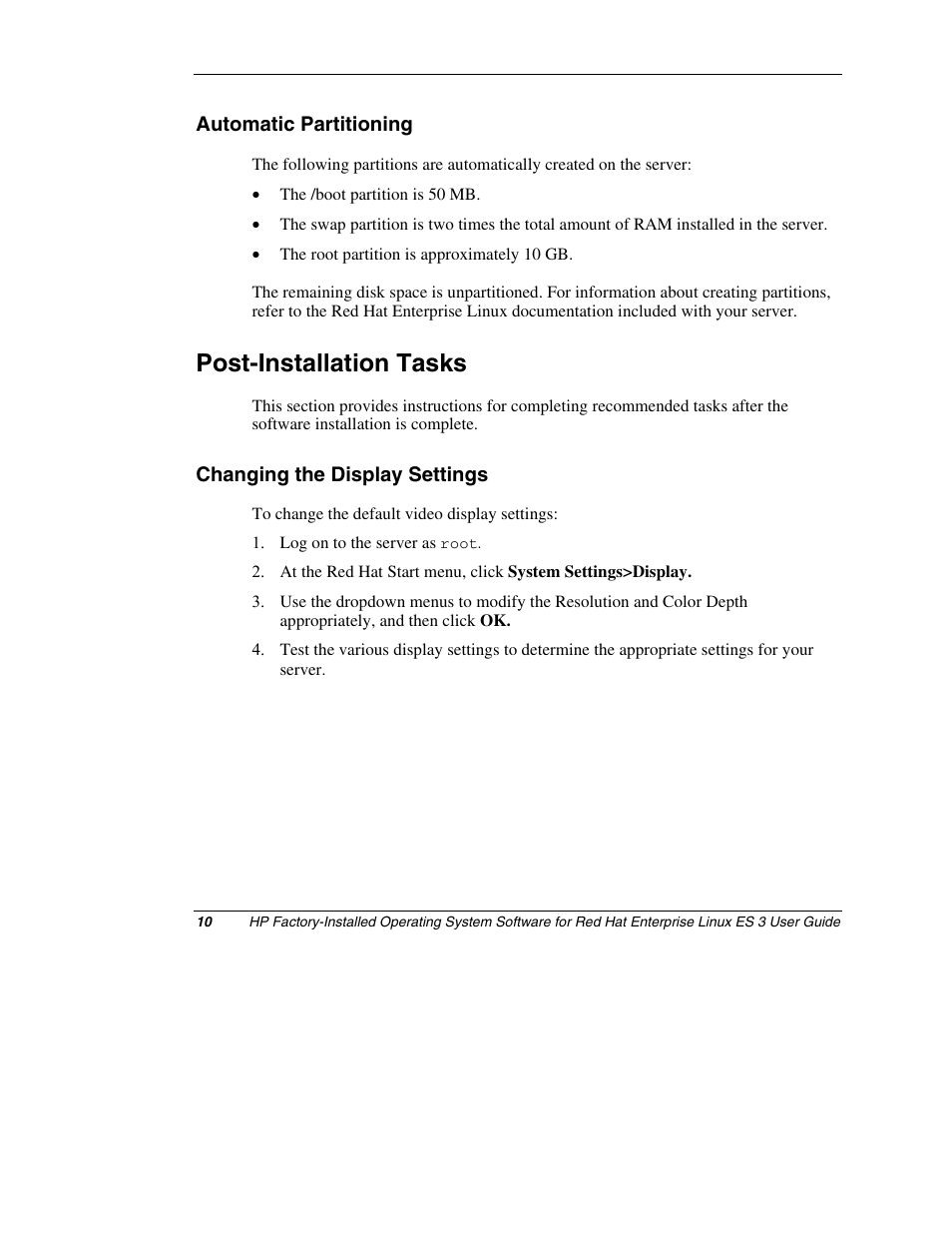 Automatic partitioning, Post-installation tasks, Changing the display settings | HP ProLiant DL380 Server User Manual | Page 10 / 16