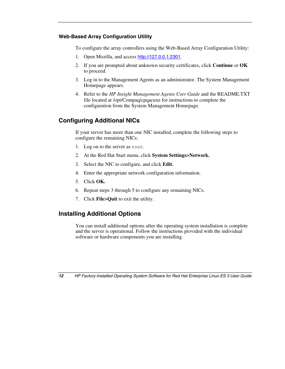 Web-based array configuration utility, Configuring additional nics, Installing additional options | HP ProLiant DL380 Server User Manual | Page 12 / 16