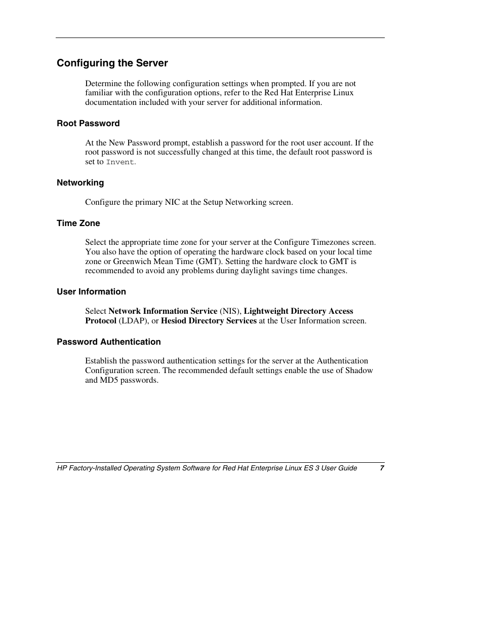 Configuring the server, Root password, Networking | Time zone, User information, Password authentication | HP ProLiant DL380 Server User Manual | Page 7 / 16