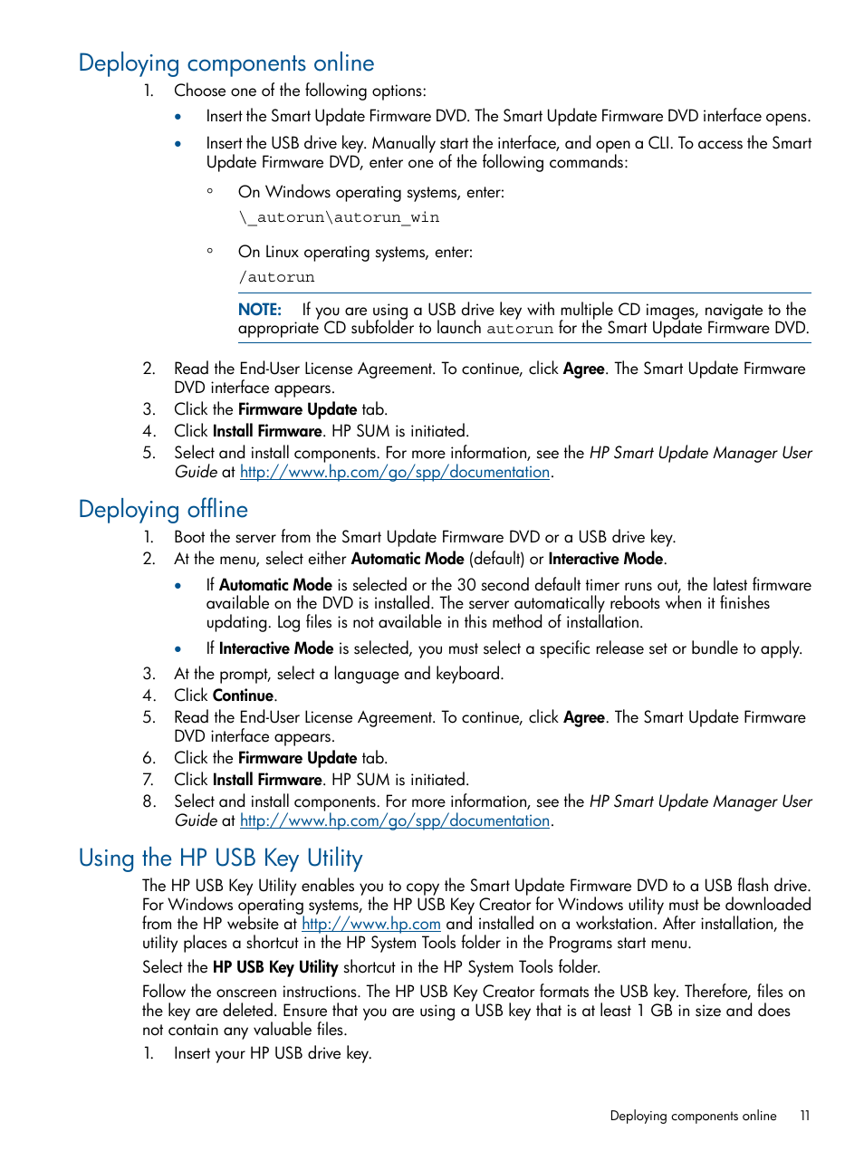 Deploying components online, Deploying offline, Using the hp usb key utility | HP ProLiant BL465c Server Blade User Manual | Page 11 / 47