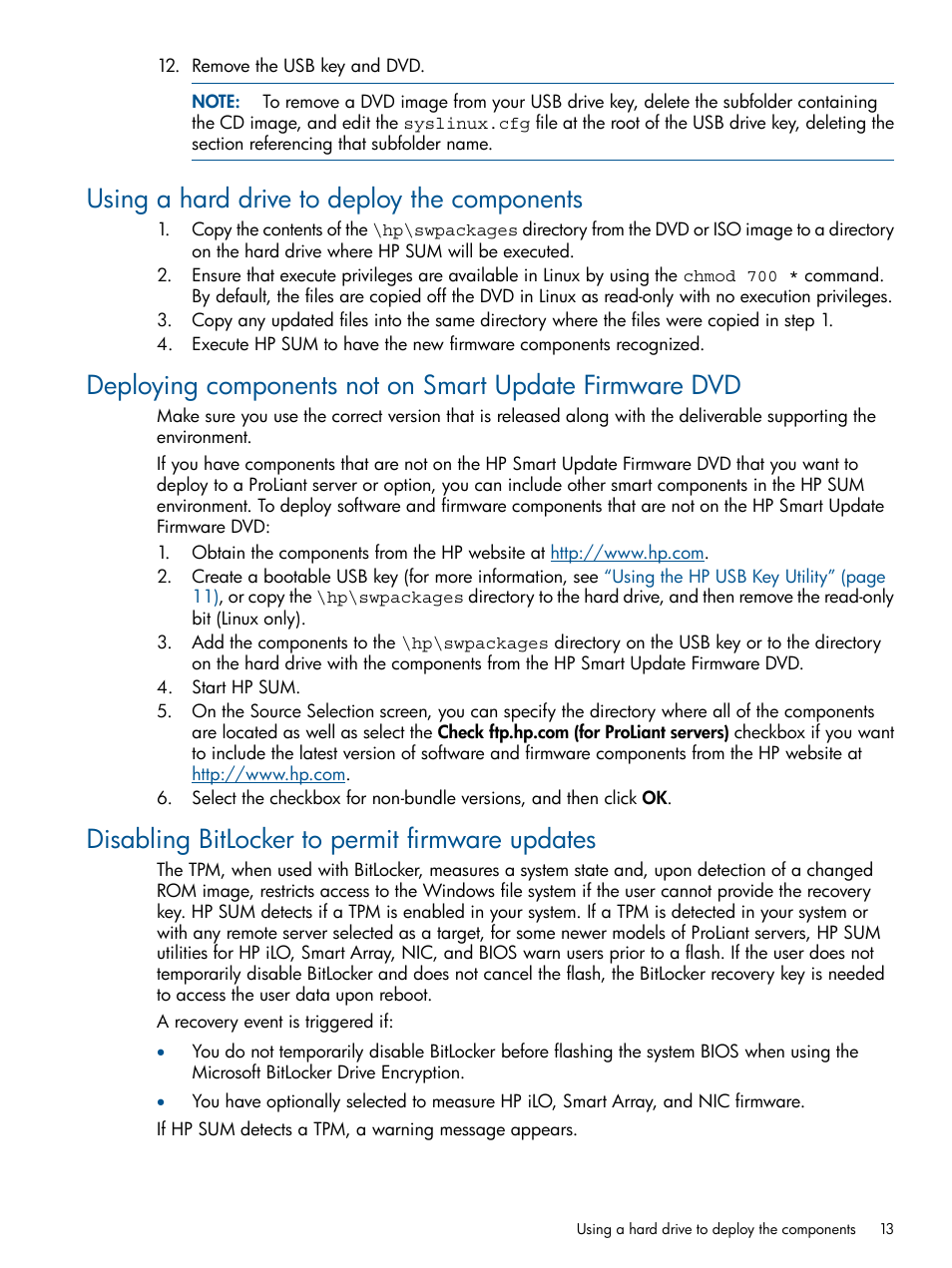 Using a hard drive to deploy the components, Disabling bitlocker to permit firmware updates | HP ProLiant BL465c Server Blade User Manual | Page 13 / 47