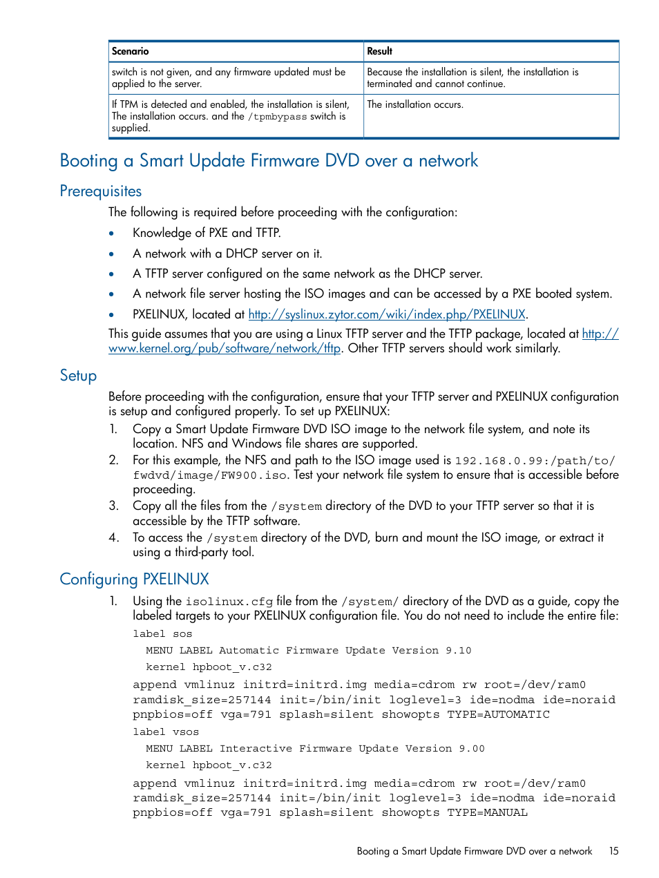 Booting a smart update firmware dvd over a network, Prerequisites, Setup | Configuring pxelinux, Prerequisites setup configuring pxelinux | HP ProLiant BL465c Server Blade User Manual | Page 15 / 47