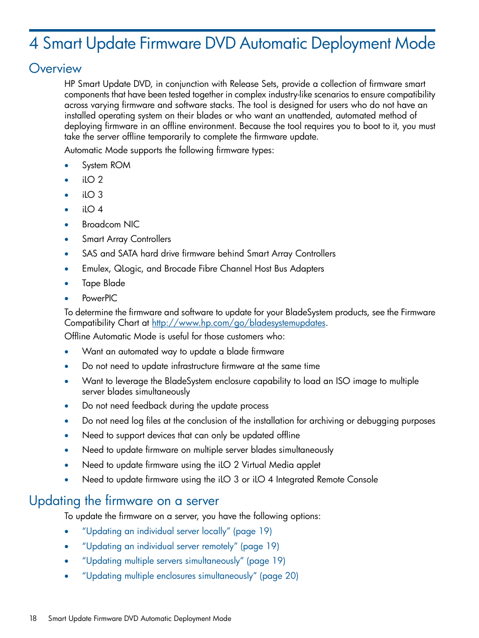 Overview, Updating the firmware on a server, Overview updating the firmware on a server | HP ProLiant BL465c Server Blade User Manual | Page 18 / 47