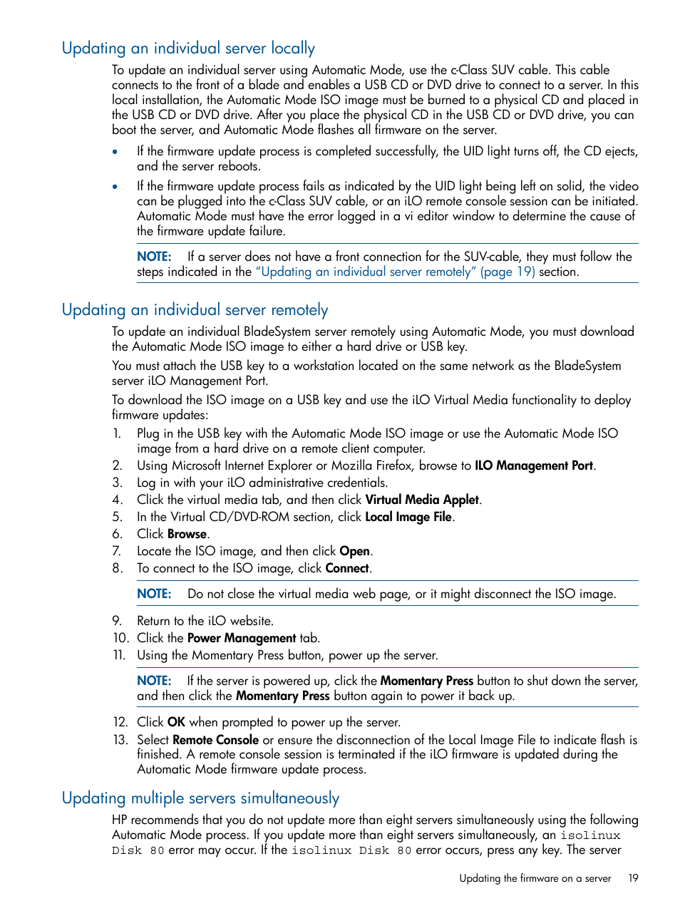 Updating an individual server locally, Updating an individual server remotely, Updating multiple servers simultaneously | HP ProLiant BL465c Server Blade User Manual | Page 19 / 47