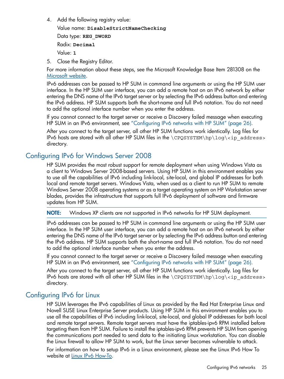 Configuring ipv6 for windows server 2008, Configuring ipv6 for linux | HP ProLiant BL465c Server Blade User Manual | Page 25 / 47