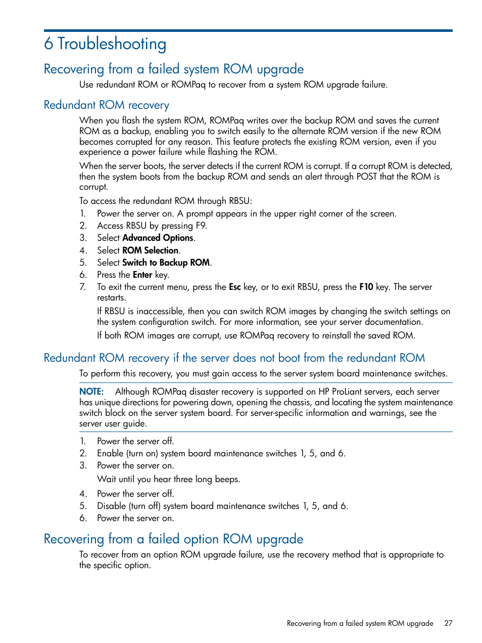 6 troubleshooting, Recovering from a failed system rom upgrade, Redundant rom recovery | Recovering from a failed option rom upgrade | HP ProLiant BL465c Server Blade User Manual | Page 27 / 47