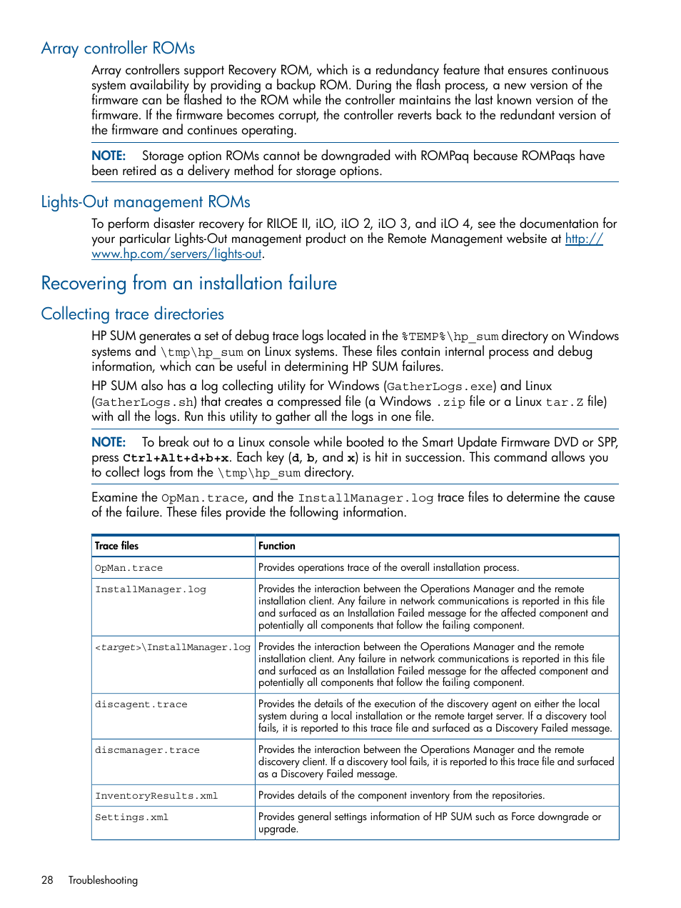 Array controller roms, Lights-out management roms, Recovering from an installation failure | Collecting trace directories, Array controller roms lights-out management roms | HP ProLiant BL465c Server Blade User Manual | Page 28 / 47