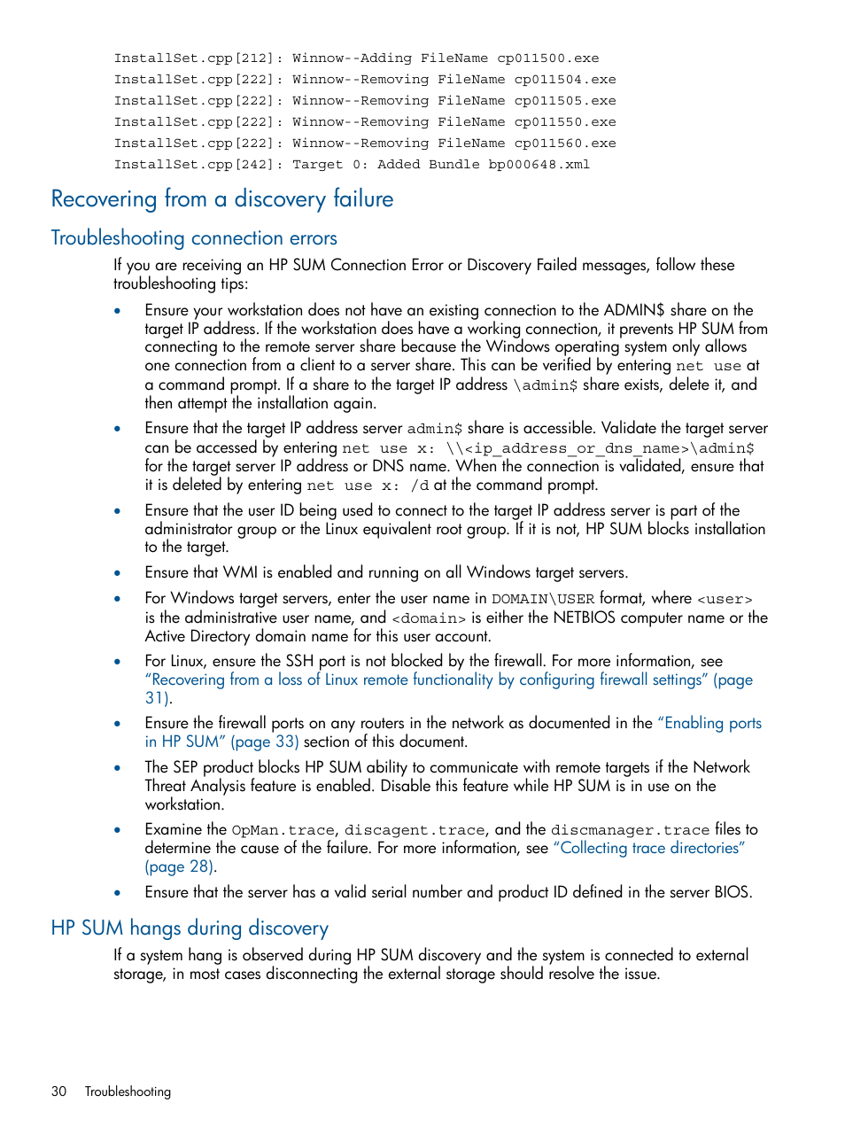 Recovering from a discovery failure, Troubleshooting connection errors, Hp sum hangs during discovery | HP ProLiant BL465c Server Blade User Manual | Page 30 / 47