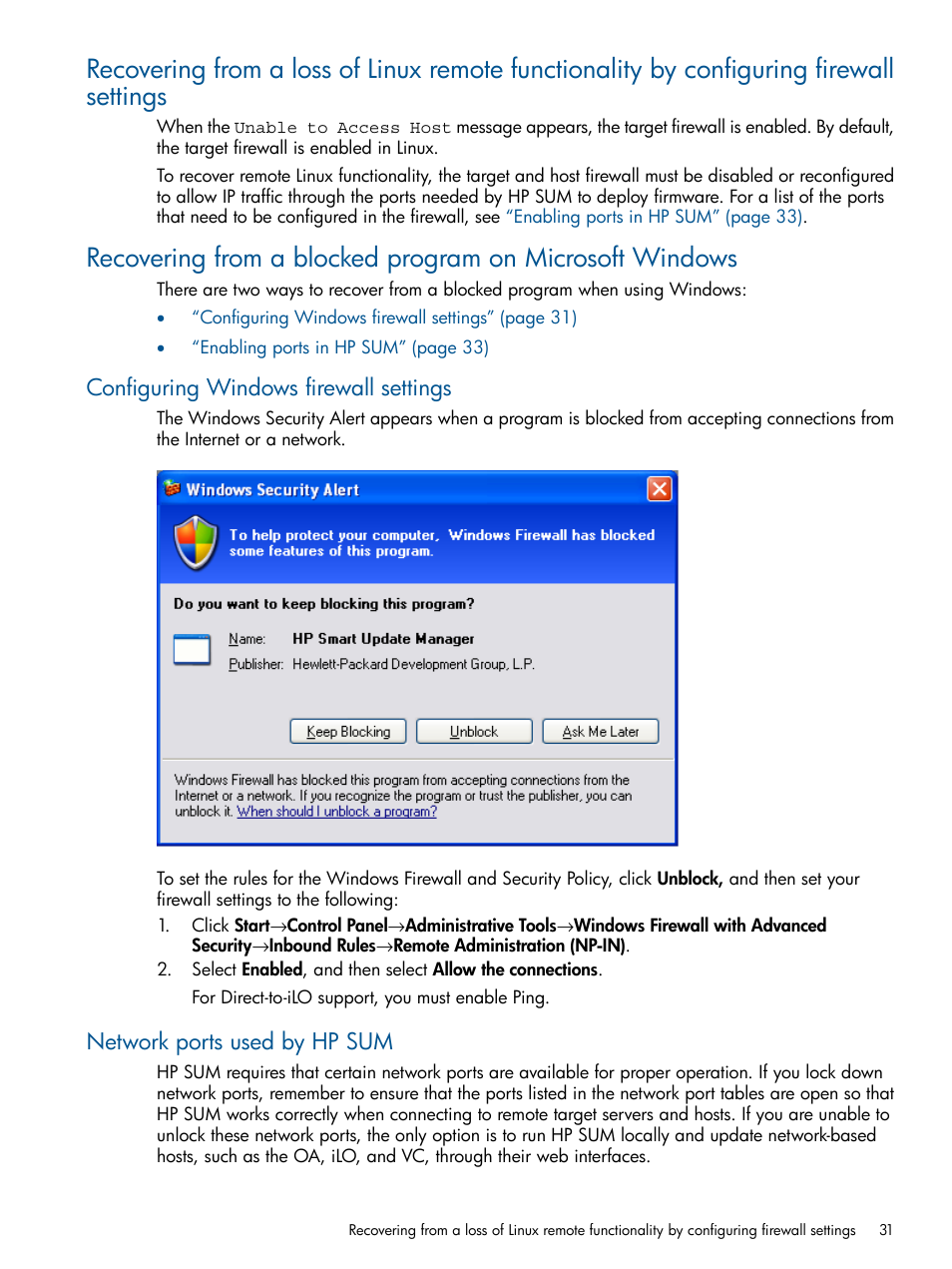 Configuring windows firewall settings, Network ports used by hp sum | HP ProLiant BL465c Server Blade User Manual | Page 31 / 47