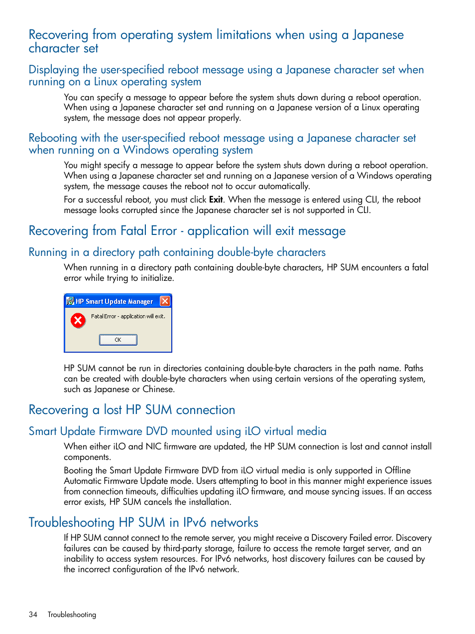 Recovering a lost hp sum connection, Troubleshooting hp sum in ipv6 networks | HP ProLiant BL465c Server Blade User Manual | Page 34 / 47