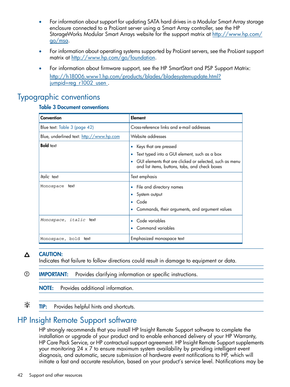 Typographic conventions, Hp insight remote support software | HP ProLiant BL465c Server Blade User Manual | Page 42 / 47