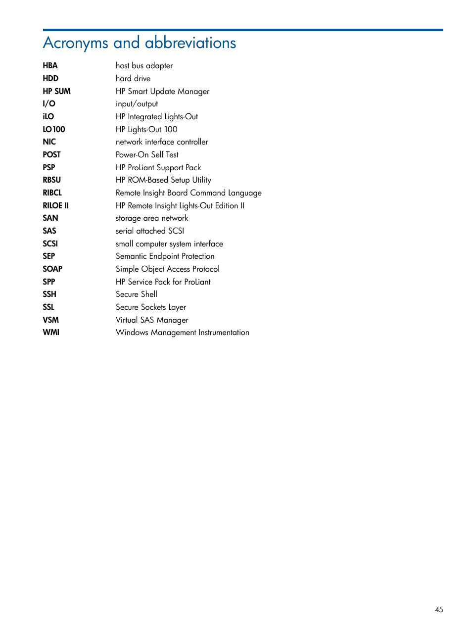 Acronyms and abbreviations | HP ProLiant BL465c Server Blade User Manual | Page 45 / 47
