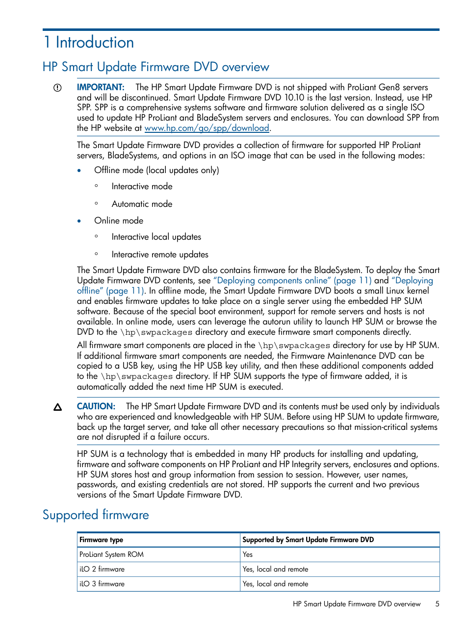 1 introduction, Hp smart update firmware dvd overview, Supported firmware | HP ProLiant BL465c Server Blade User Manual | Page 5 / 47