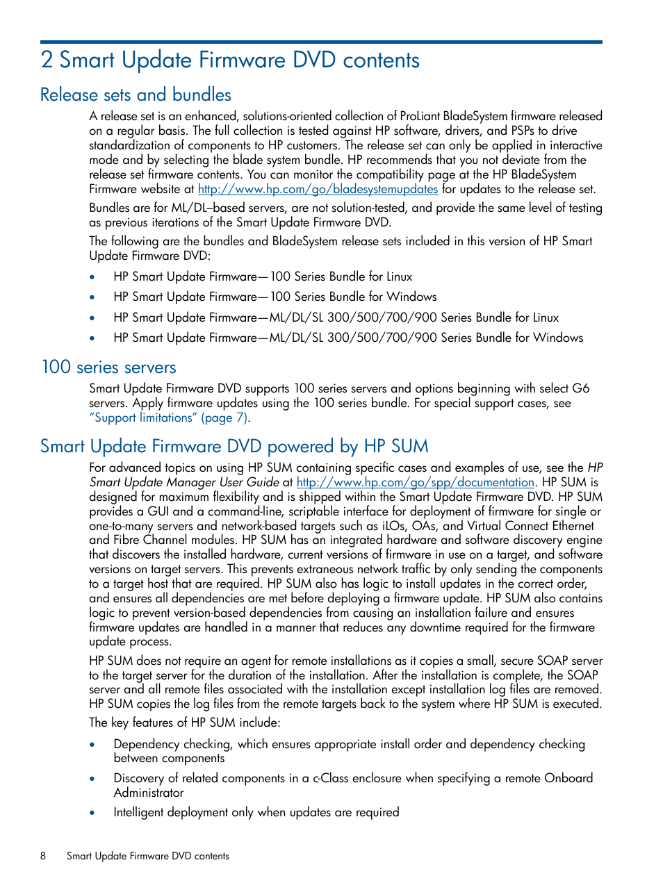 2 smart update firmware dvd contents, Release sets and bundles, 100 series servers | Smart update firmware dvd powered by hp sum | HP ProLiant BL465c Server Blade User Manual | Page 8 / 47