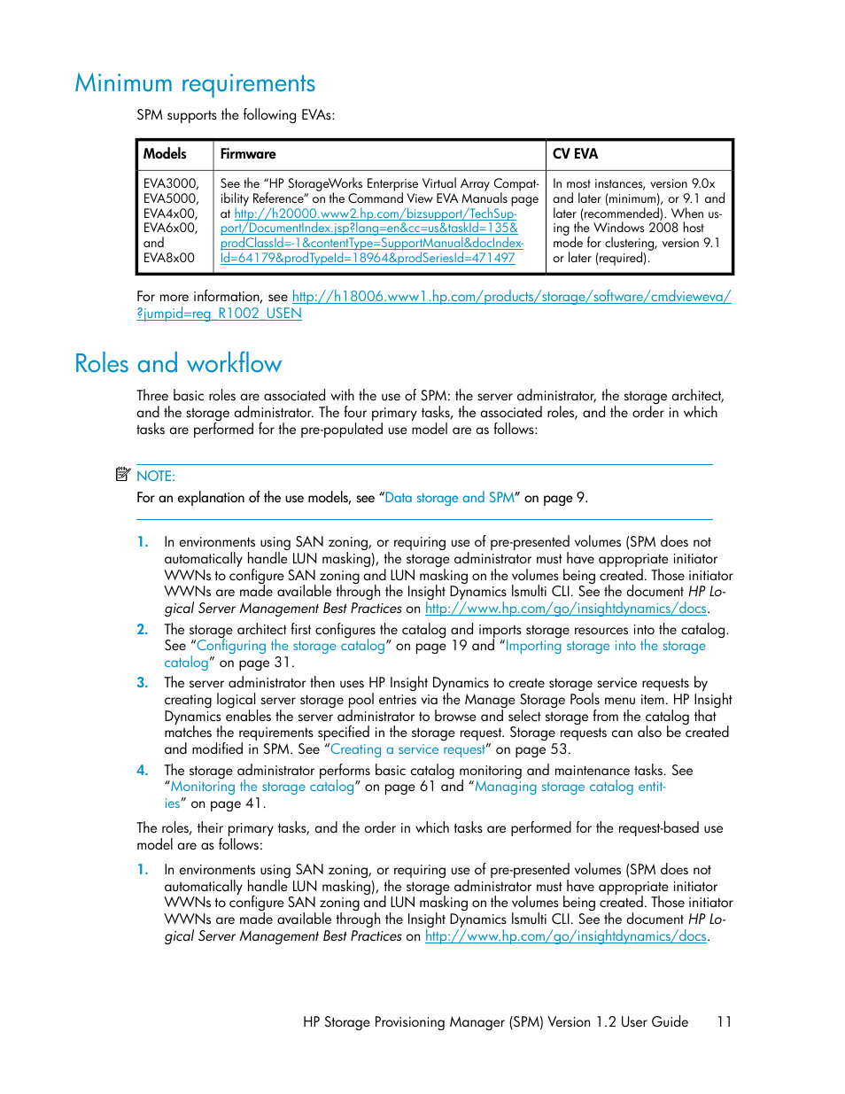 Minimum requirements, Roles and workflow, 11 roles and workflow | HP Matrix Operating Environment Software User Manual | Page 11 / 80