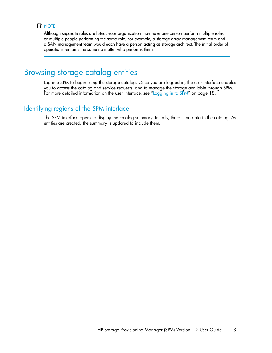 Browsing storage catalog entities, Identifying regions of the spm interface | HP Matrix Operating Environment Software User Manual | Page 13 / 80