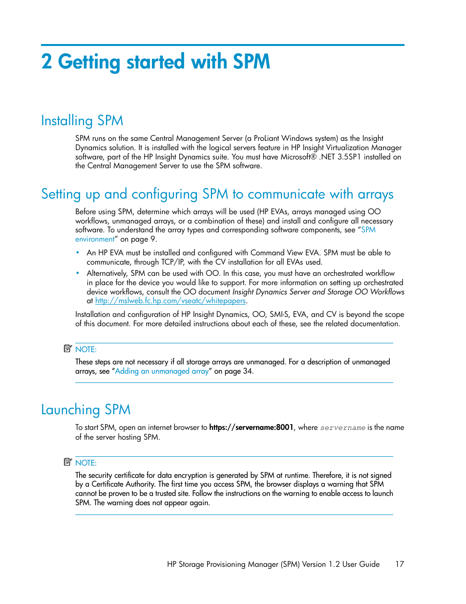 2 getting started with spm, Installing spm, Launching spm | 17 launching spm | HP Matrix Operating Environment Software User Manual | Page 17 / 80