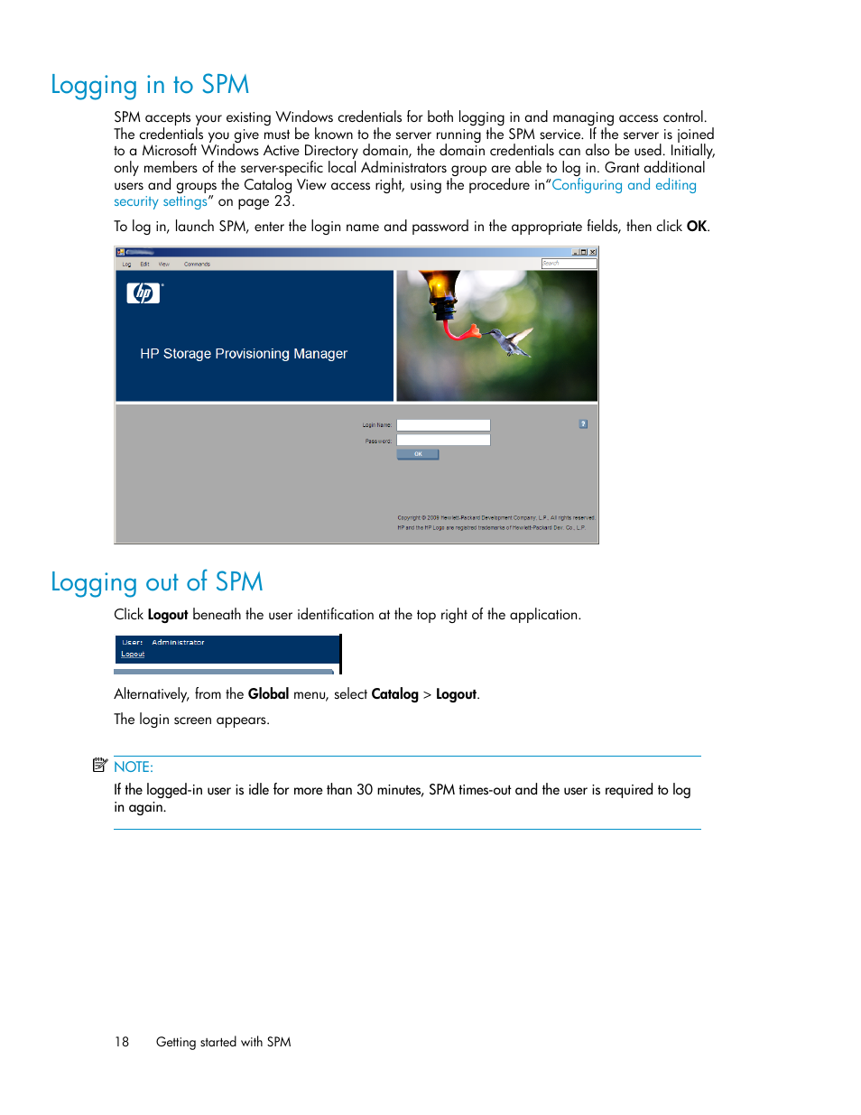 Logging in to spm, Logging out of spm, 18 logging out of spm | HP Matrix Operating Environment Software User Manual | Page 18 / 80