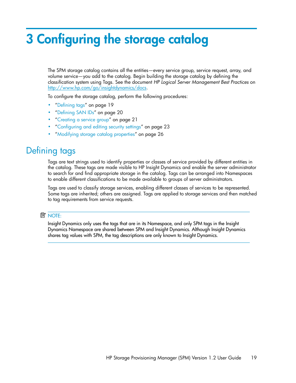 3 configuring the storage catalog, Defining tags, Configuring the storage catalog | Configuring the storage, Catalog | HP Matrix Operating Environment Software User Manual | Page 19 / 80