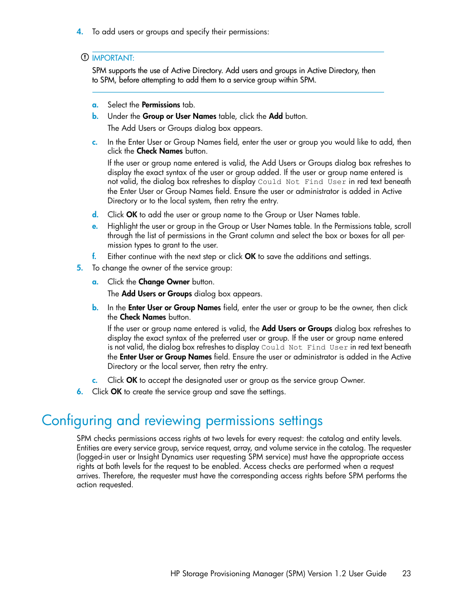 Configuring and reviewing permissions settings, Configuring and editing, Security settings | Configuring and editing security settings | HP Matrix Operating Environment Software User Manual | Page 23 / 80