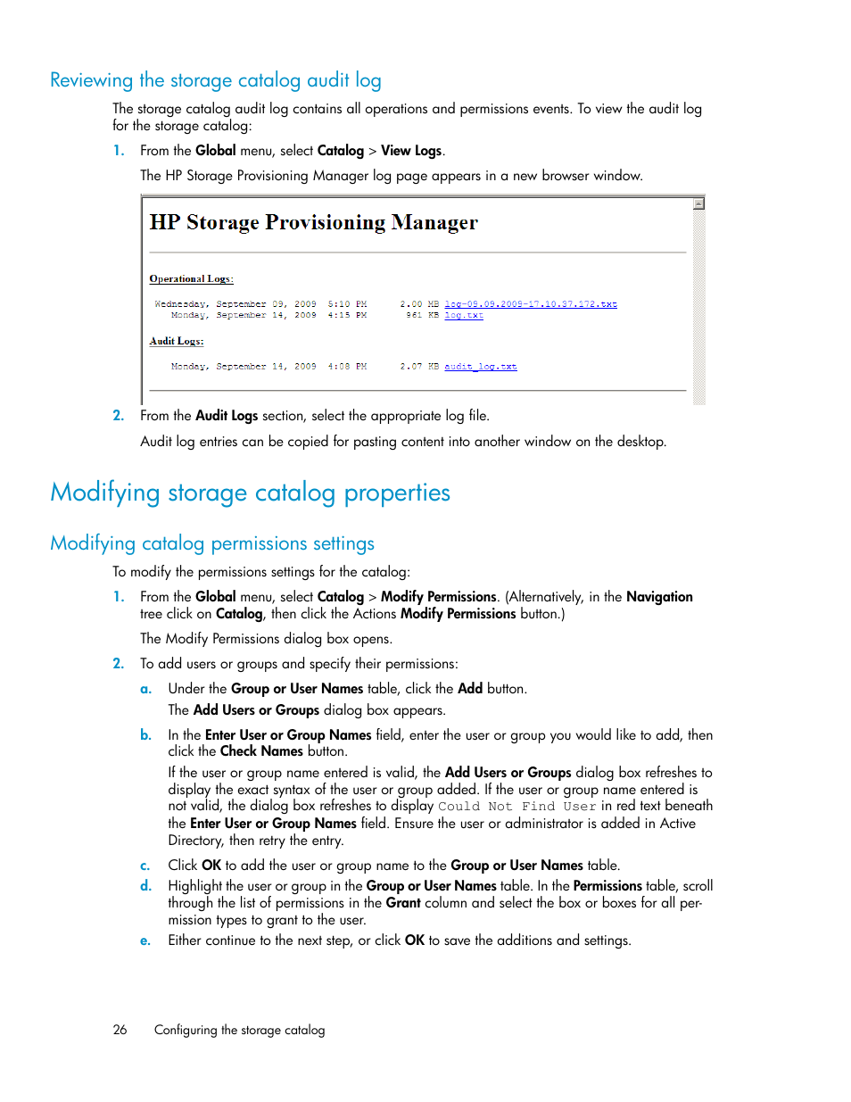 Reviewing the storage catalog audit log, Modifying storage catalog properties, Modifying catalog permissions settings | HP Matrix Operating Environment Software User Manual | Page 26 / 80