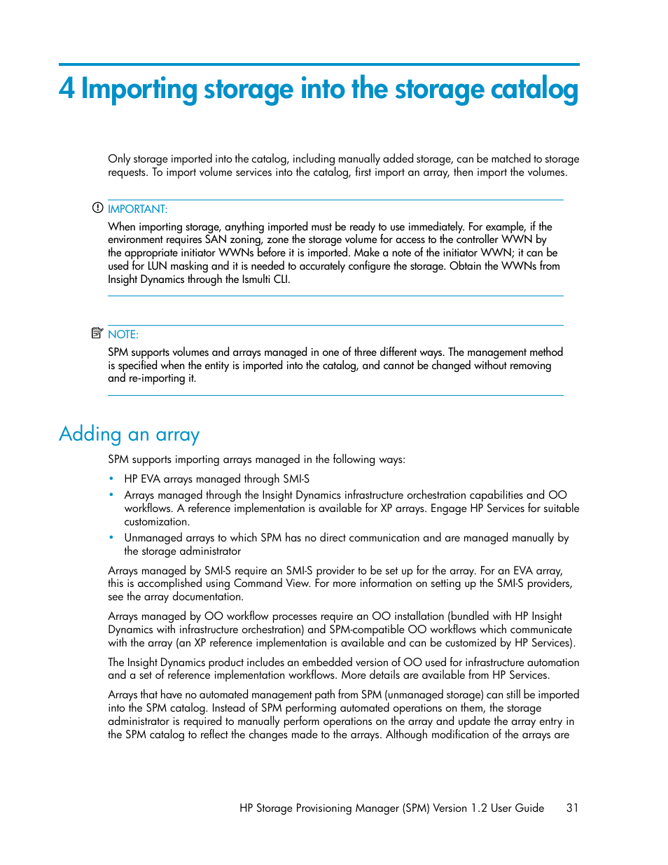 4 importing storage into the storage catalog, Adding an array, Importing storage into the storage | Catalog, Importing storage into the storage catalog | HP Matrix Operating Environment Software User Manual | Page 31 / 80