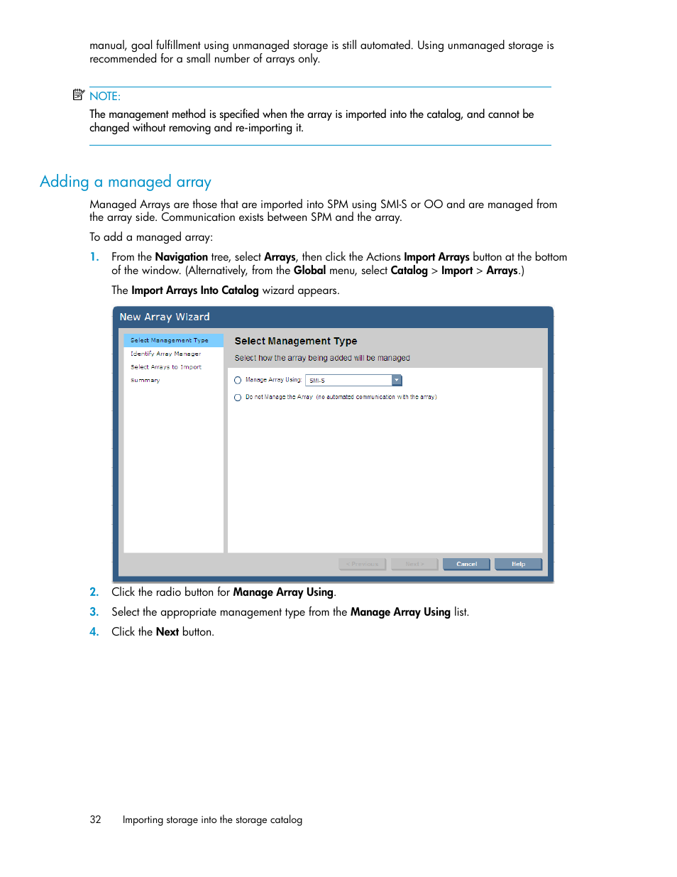 Adding a managed array | HP Matrix Operating Environment Software User Manual | Page 32 / 80
