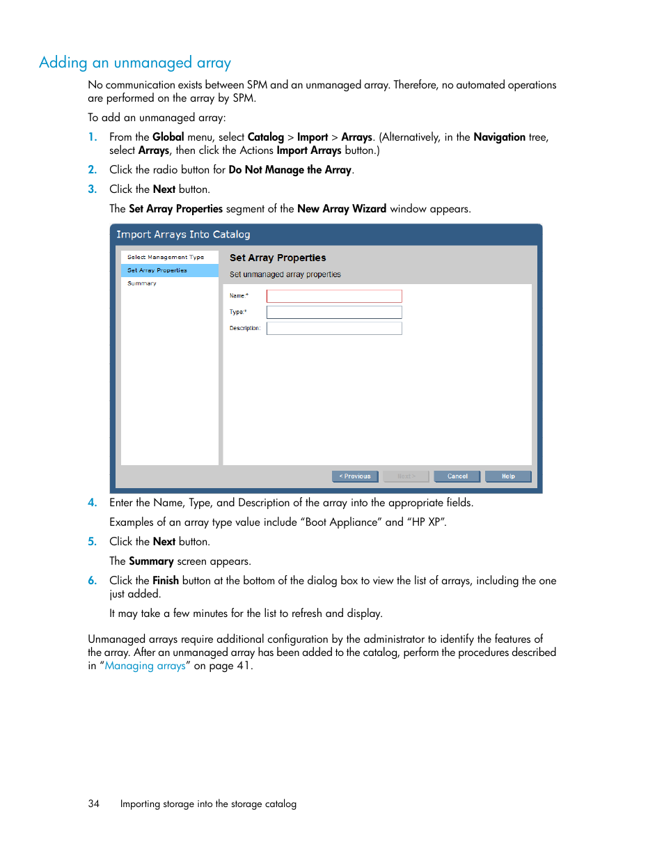 Adding an unmanaged array | HP Matrix Operating Environment Software User Manual | Page 34 / 80