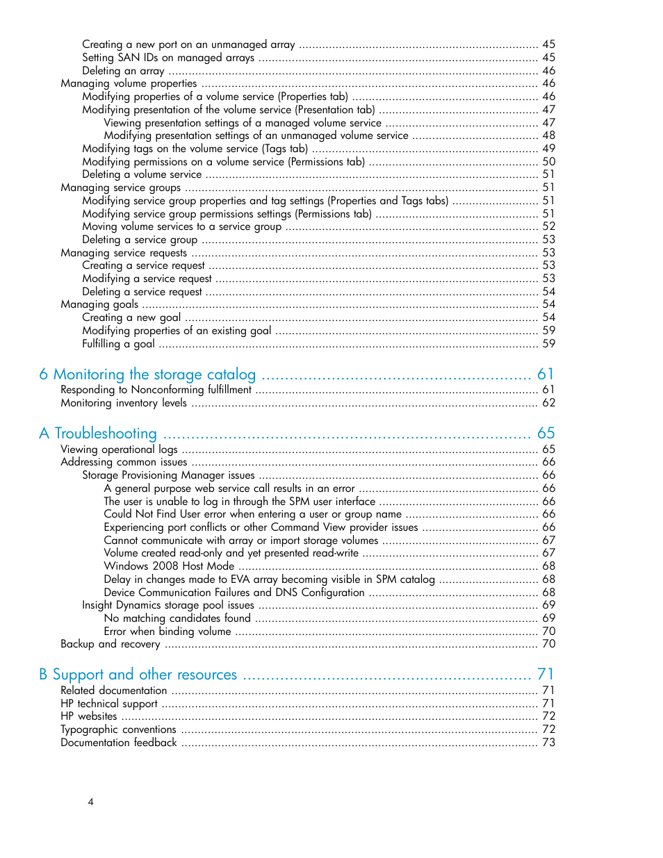 6 monitoring the storage catalog, A troubleshooting, B support and other resources | HP Matrix Operating Environment Software User Manual | Page 4 / 80