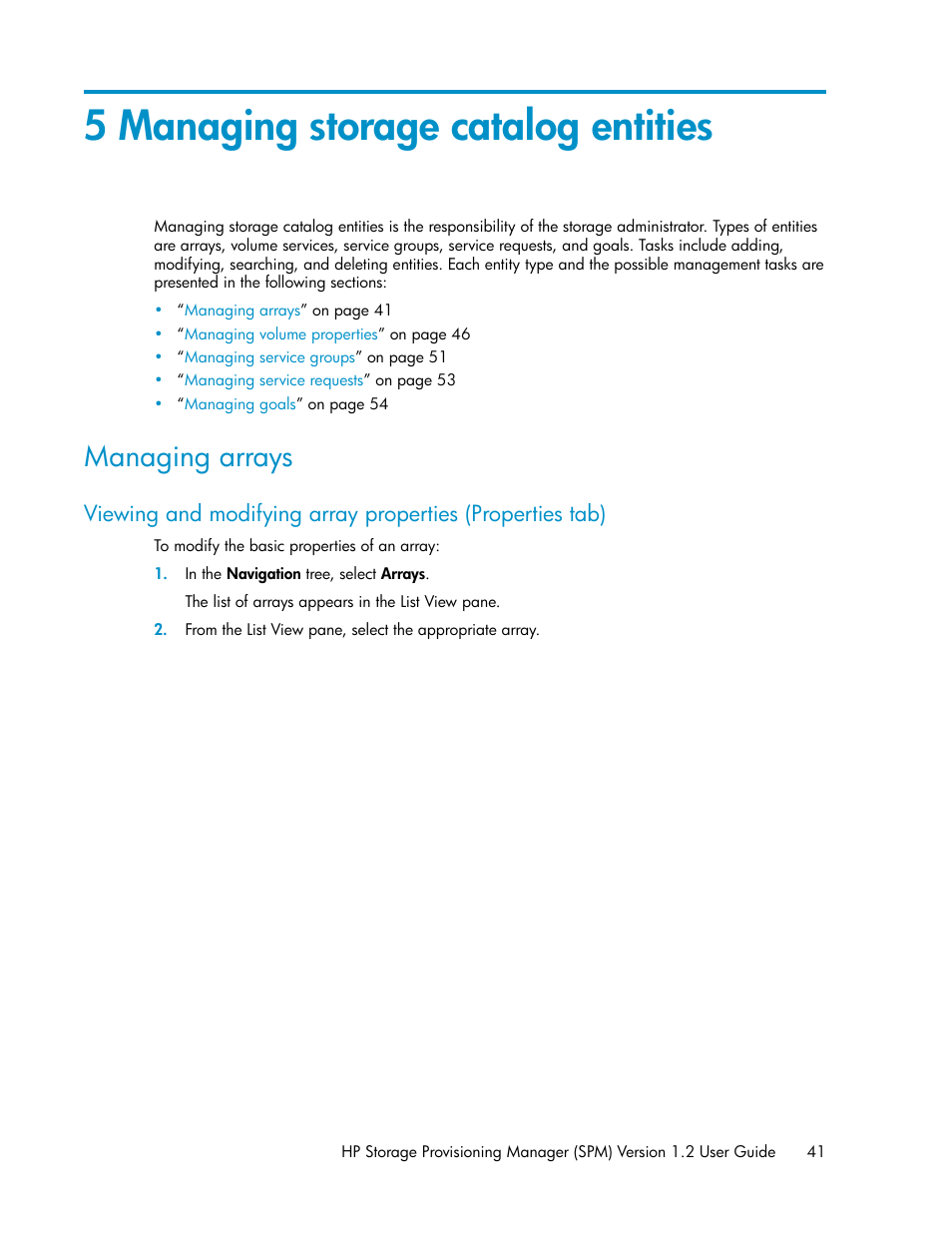 5 managing storage catalog entities, Managing arrays, Managing storage catalog entit | Managing, Arrays | HP Matrix Operating Environment Software User Manual | Page 41 / 80